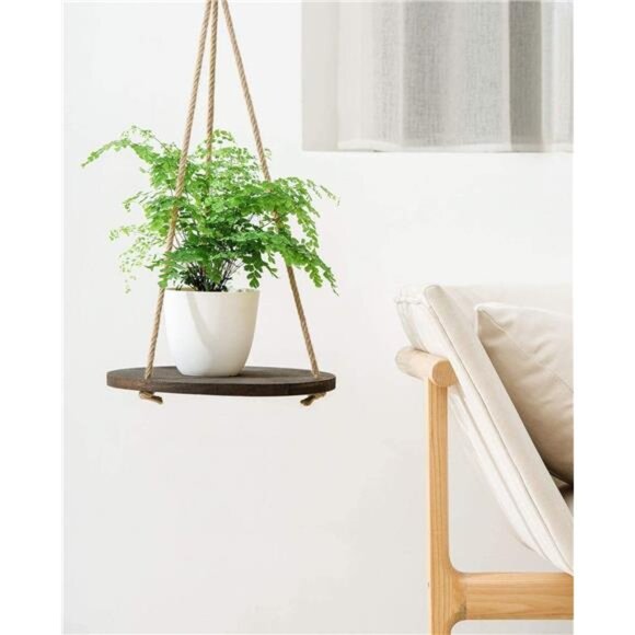 Hanging Plant Shelf Round Wood Rope Hanging Floating Shelf Vintage Home Decor - Picture 5 of 7